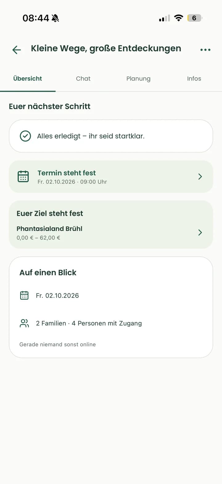 Die Ausflugsübersicht bündelt das gewählte Ziel, den Termin und die teilnehmenden Familien.