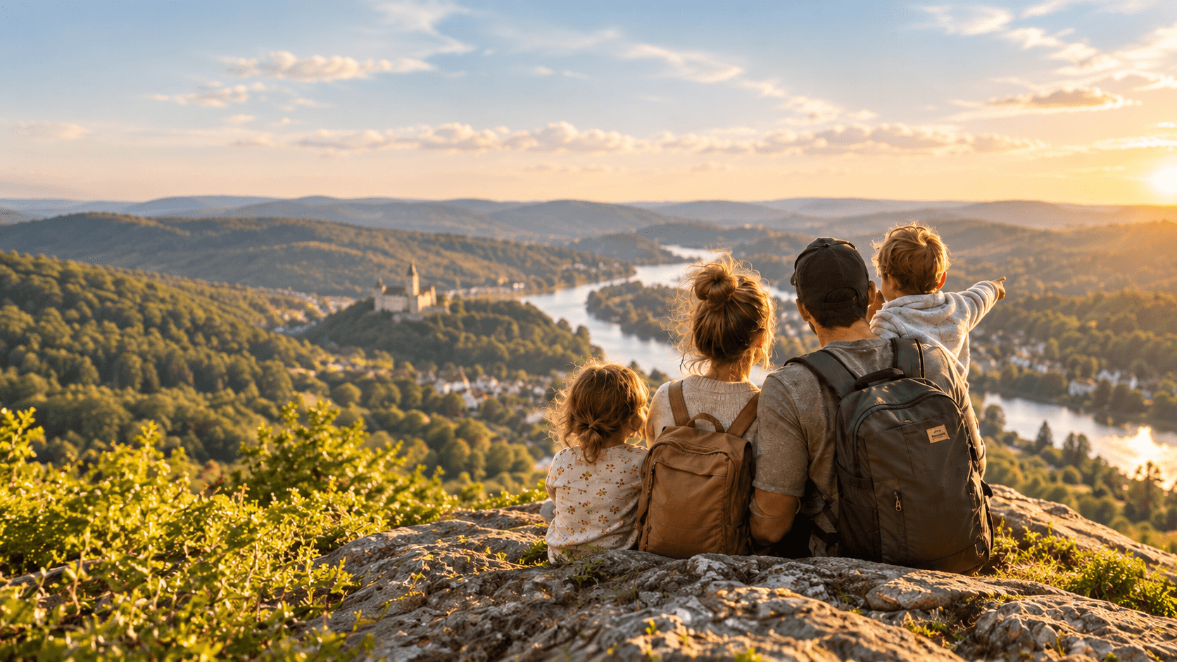 Eine Familie blickt bei Sonnenuntergang über ein bewaldetes Flusstal.